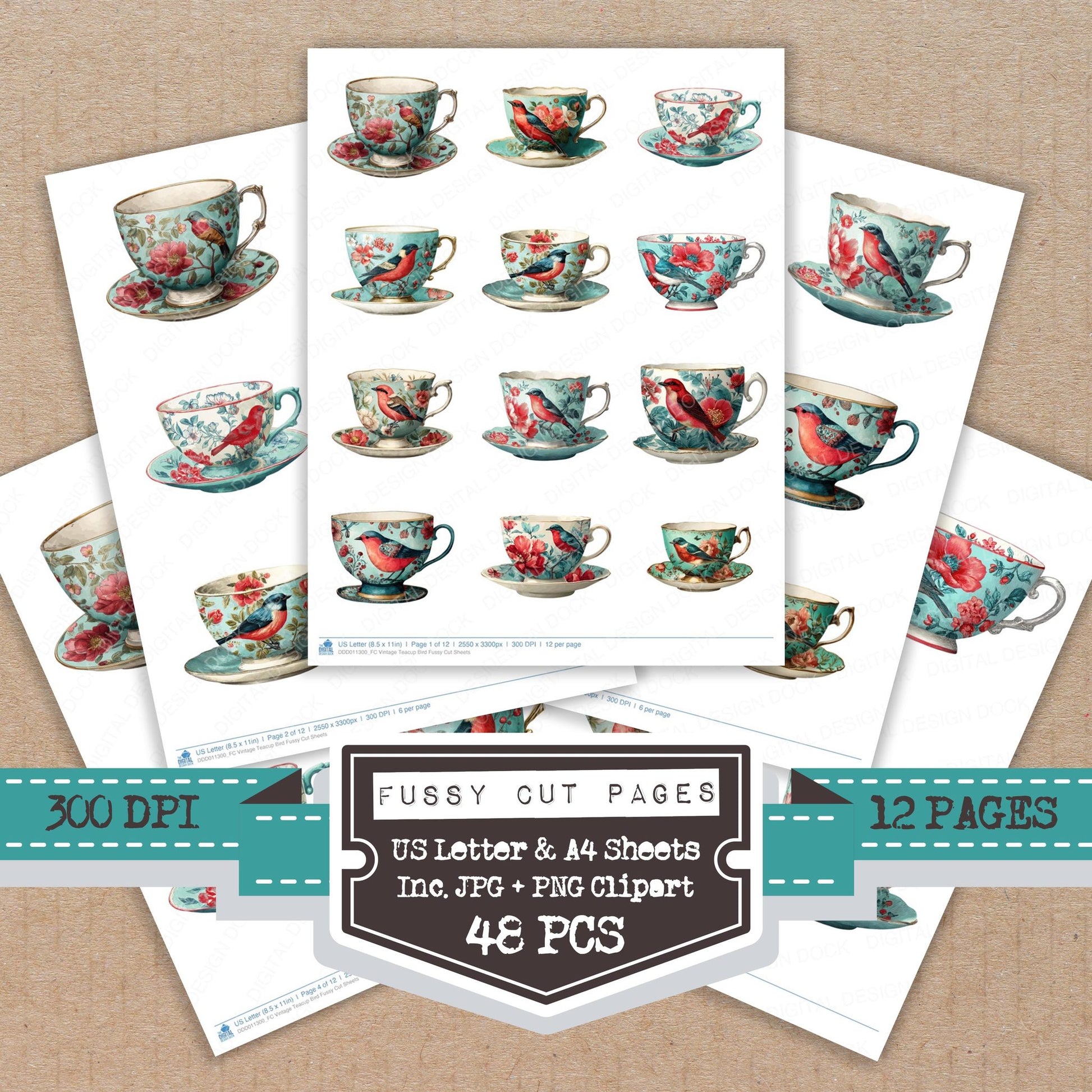 Vintage Teacup Bird fussy cut printable sheets for junk journaling, scrapbooking, and paper craft projects