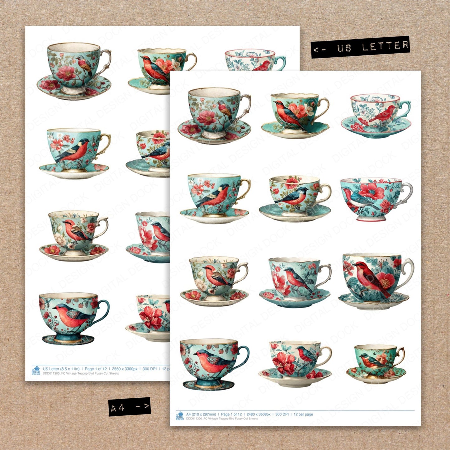 A4 and US Letter format comparison showing Vintage Teacup Bird fussy cut pages for print and cut crafting