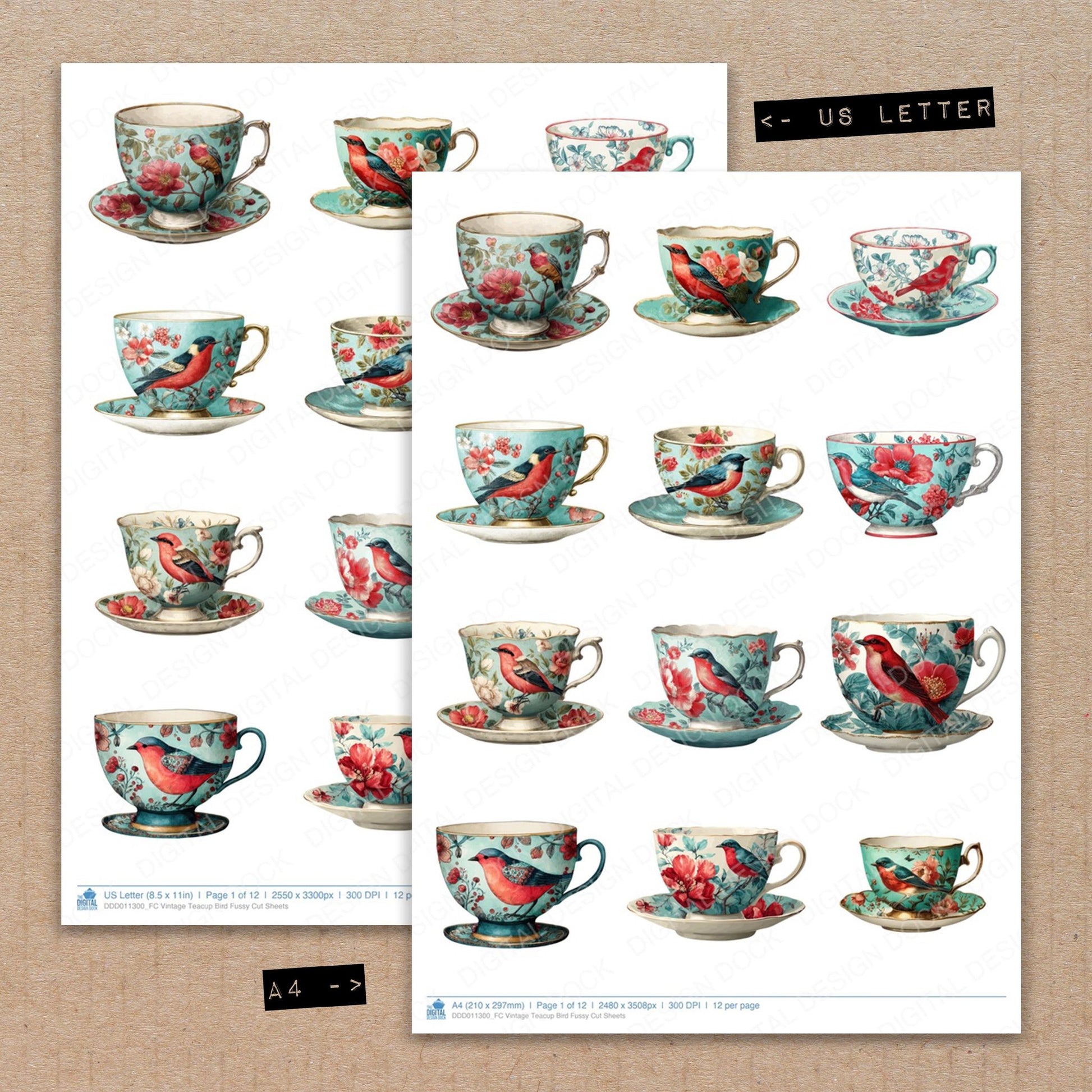 A4 and US Letter format comparison showing Vintage Teacup Bird fussy cut pages for print and cut crafting