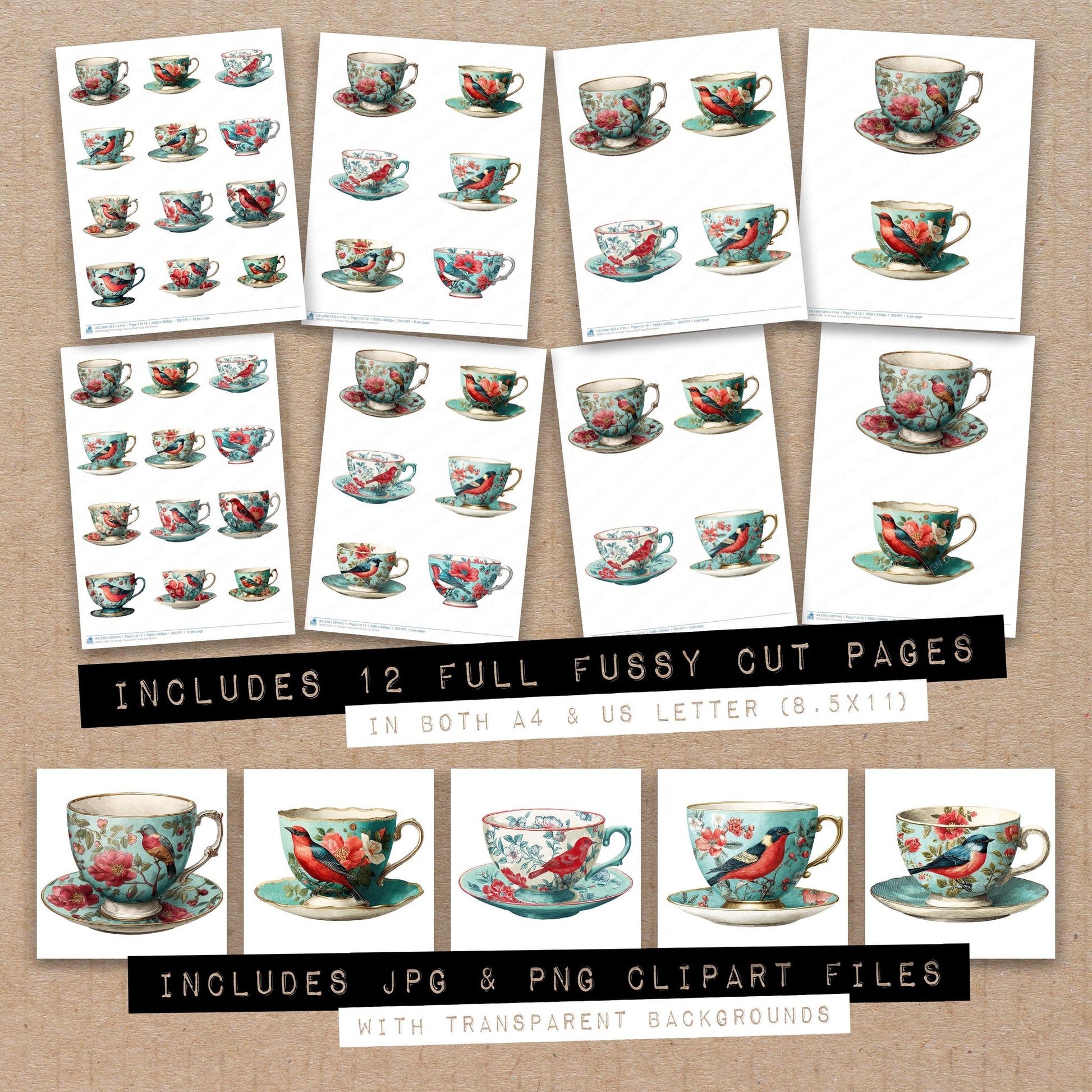 Full collection view of Vintage Teacup Bird fussy cut sheets with bonus clipart JPG and PNG files