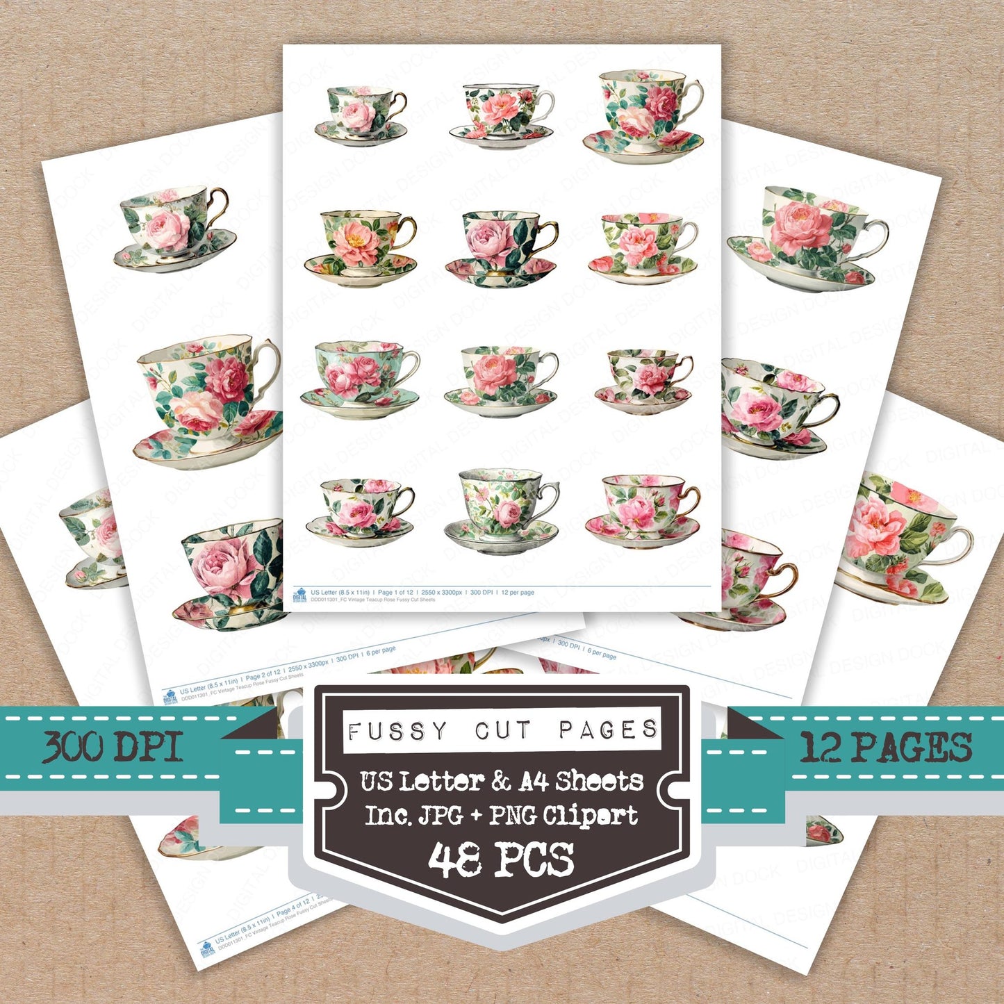 Vintage Teacup Rose fussy cut printable sheets for junk journaling, scrapbooking, and paper craft projects