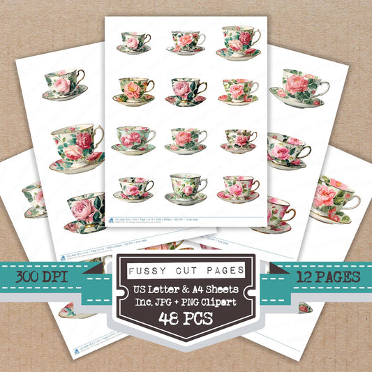 Vintage Teacup Rose fussy cut printable sheets for junk journaling, scrapbooking, and paper craft projects