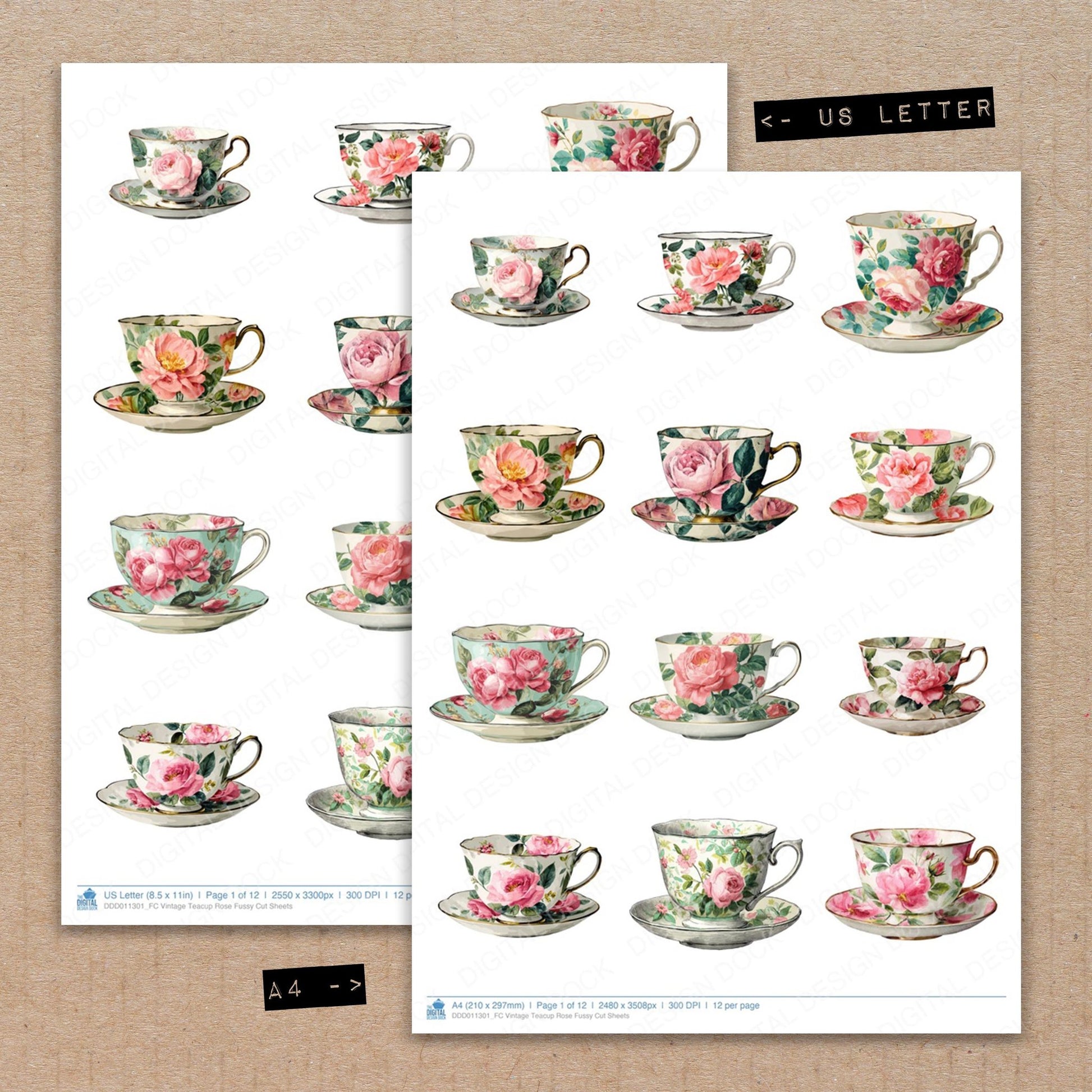 A4 and US Letter format comparison showing Vintage Teacup Rose fussy cut pages for print and cut crafting