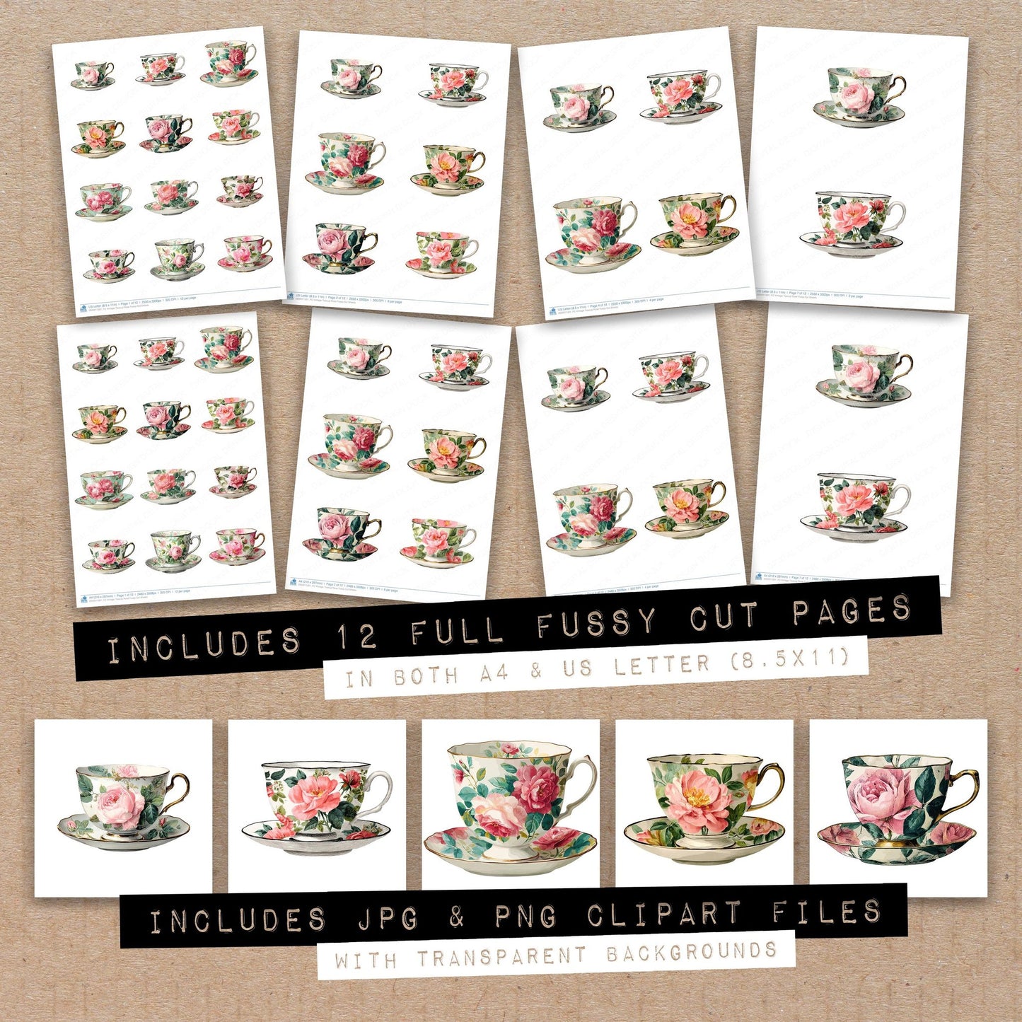 Full collection view of Vintage Teacup Rose fussy cut sheets with bonus clipart JPG and PNG files