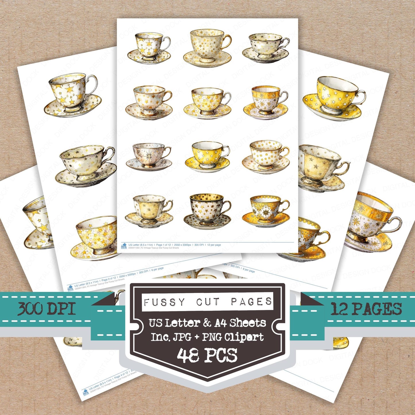 Vintage Teacup Star fussy cut printable sheets for junk journaling, scrapbooking, and paper craft projects