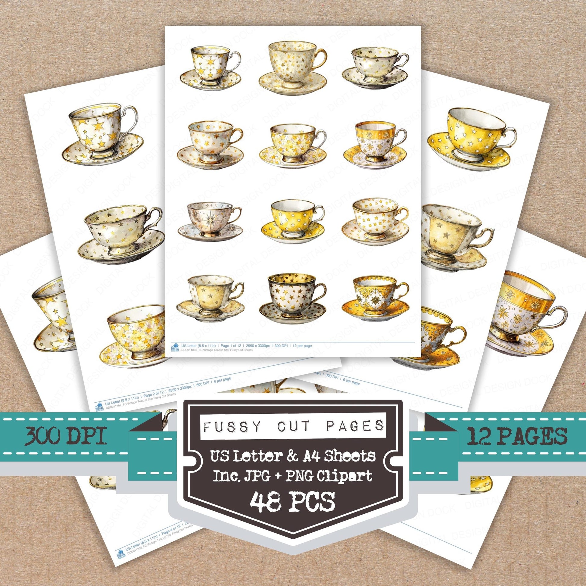Vintage Teacup Star fussy cut printable sheets for junk journaling, scrapbooking, and paper craft projects