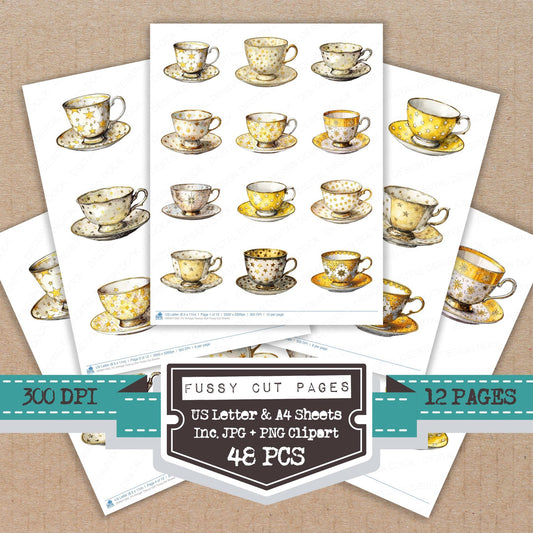 Vintage Teacup Star fussy cut printable sheets for junk journaling, scrapbooking, and paper craft projects