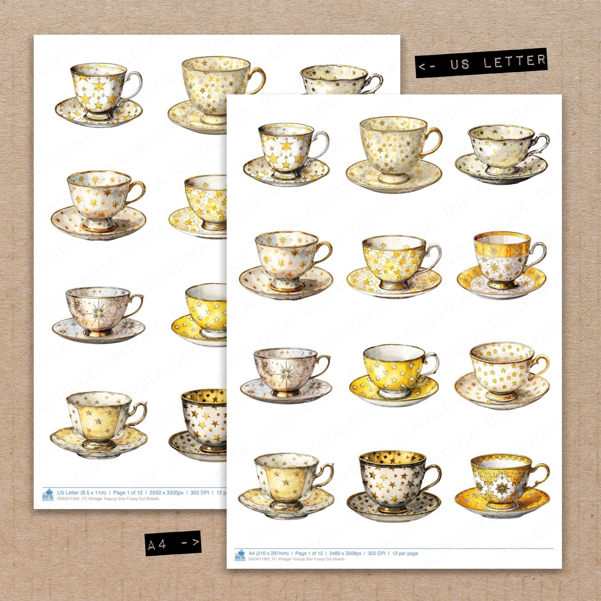 A4 and US Letter format comparison showing Vintage Teacup Star fussy cut pages for print and cut crafting