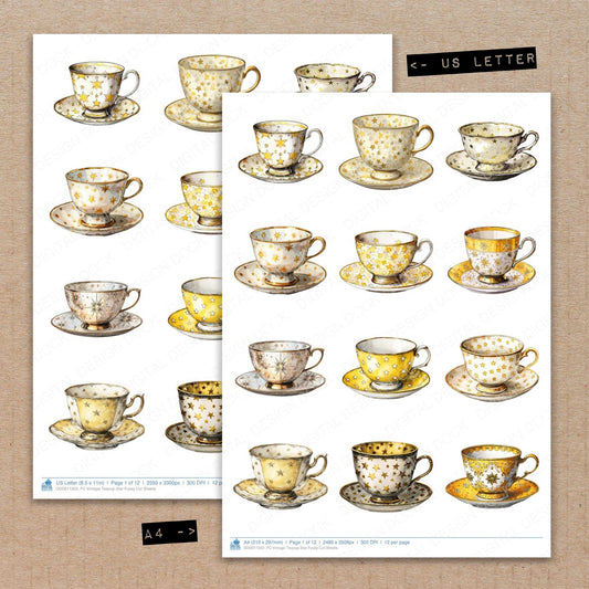 A4 and US Letter format comparison showing Vintage Teacup Star fussy cut pages for print and cut crafting