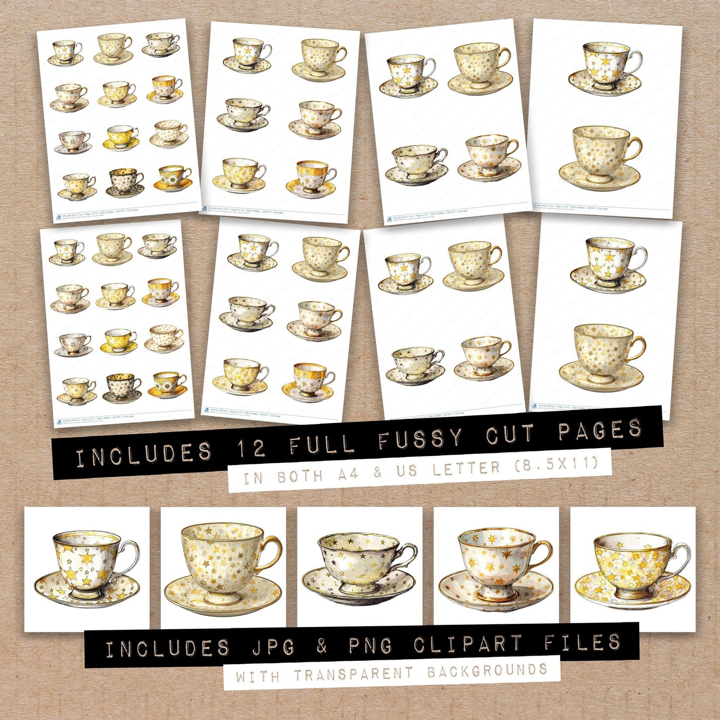 Full collection view of Vintage Teacup Star fussy cut sheets with bonus clipart JPG and PNG files