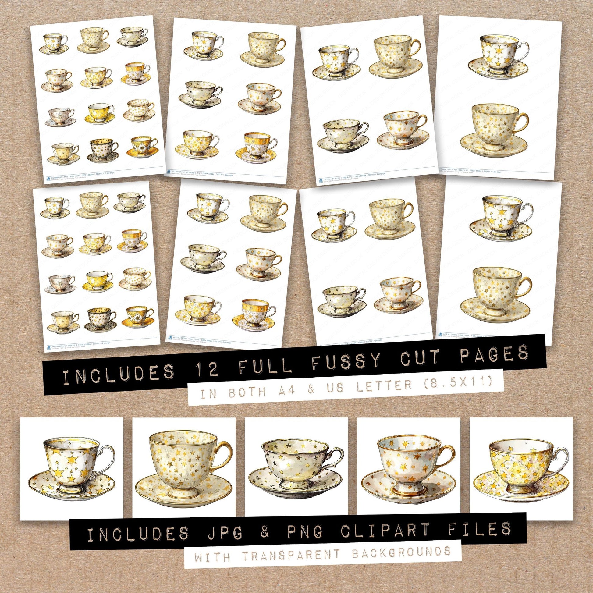 Full collection view of Vintage Teacup Star fussy cut sheets with bonus clipart JPG and PNG files