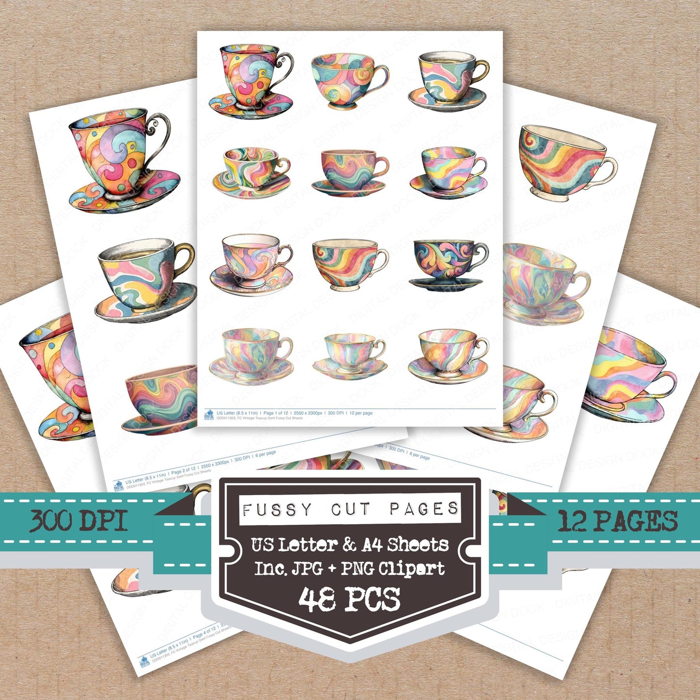 Vintage Teacup Swirl fussy cut printable sheets for junk journaling, scrapbooking, and paper craft projects