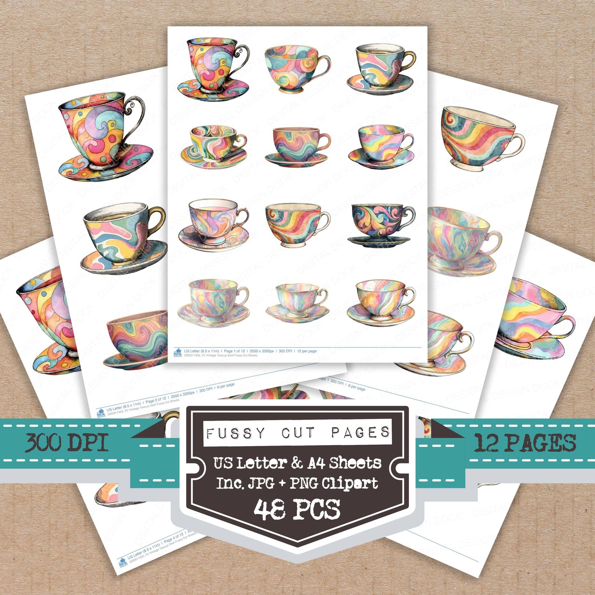 Vintage Teacup Swirl fussy cut printable sheets for junk journaling, scrapbooking, and paper craft projects