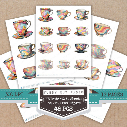 Vintage Teacup Swirl fussy cut printable sheets for junk journaling, scrapbooking, and paper craft projects