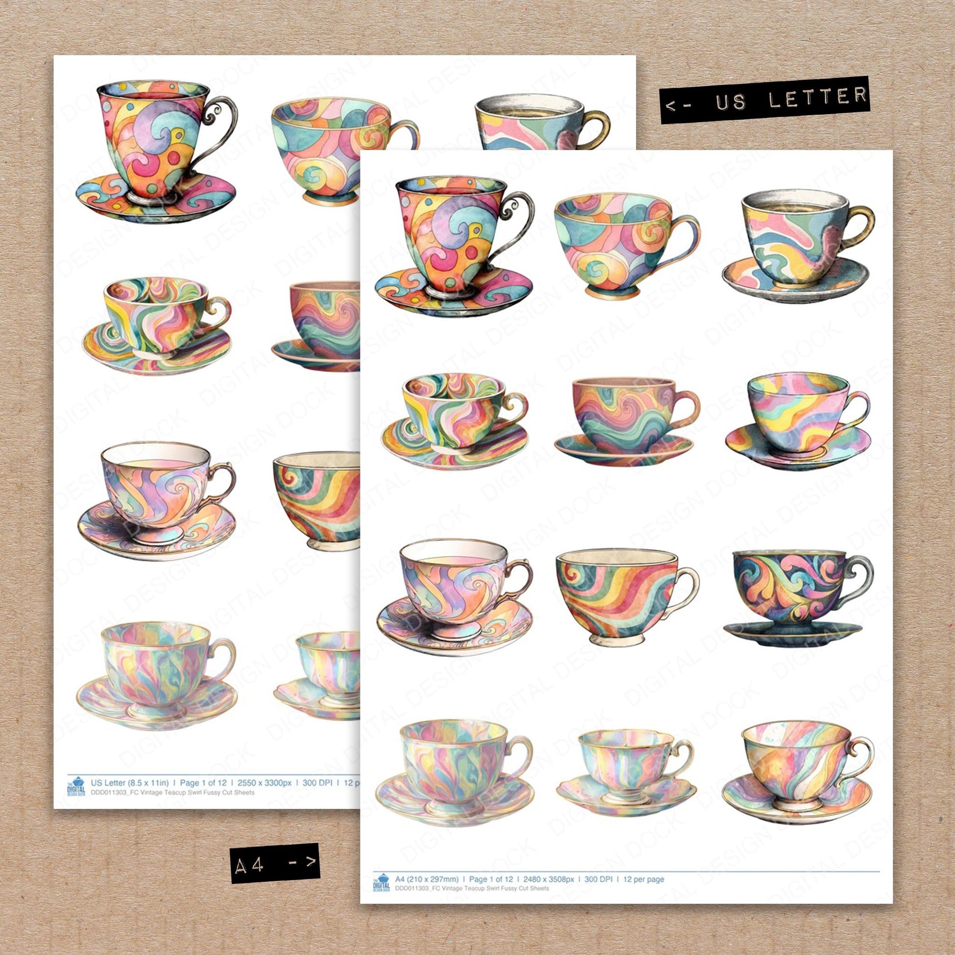 A4 and US Letter format comparison showing Vintage Teacup Swirl fussy cut pages for print and cut crafting