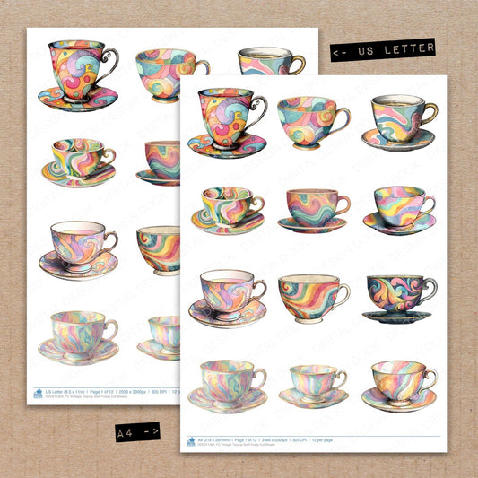A4 and US Letter format comparison showing Vintage Teacup Swirl fussy cut pages for print and cut crafting