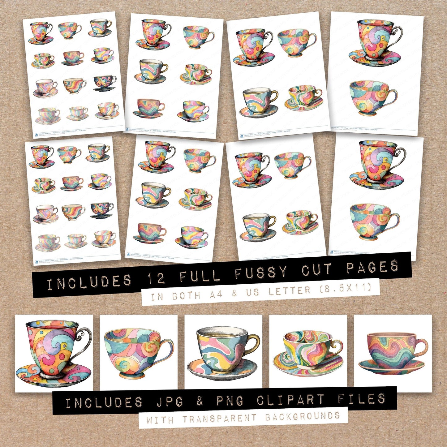 Full collection view of Vintage Teacup Swirl fussy cut sheets with bonus clipart JPG and PNG files
