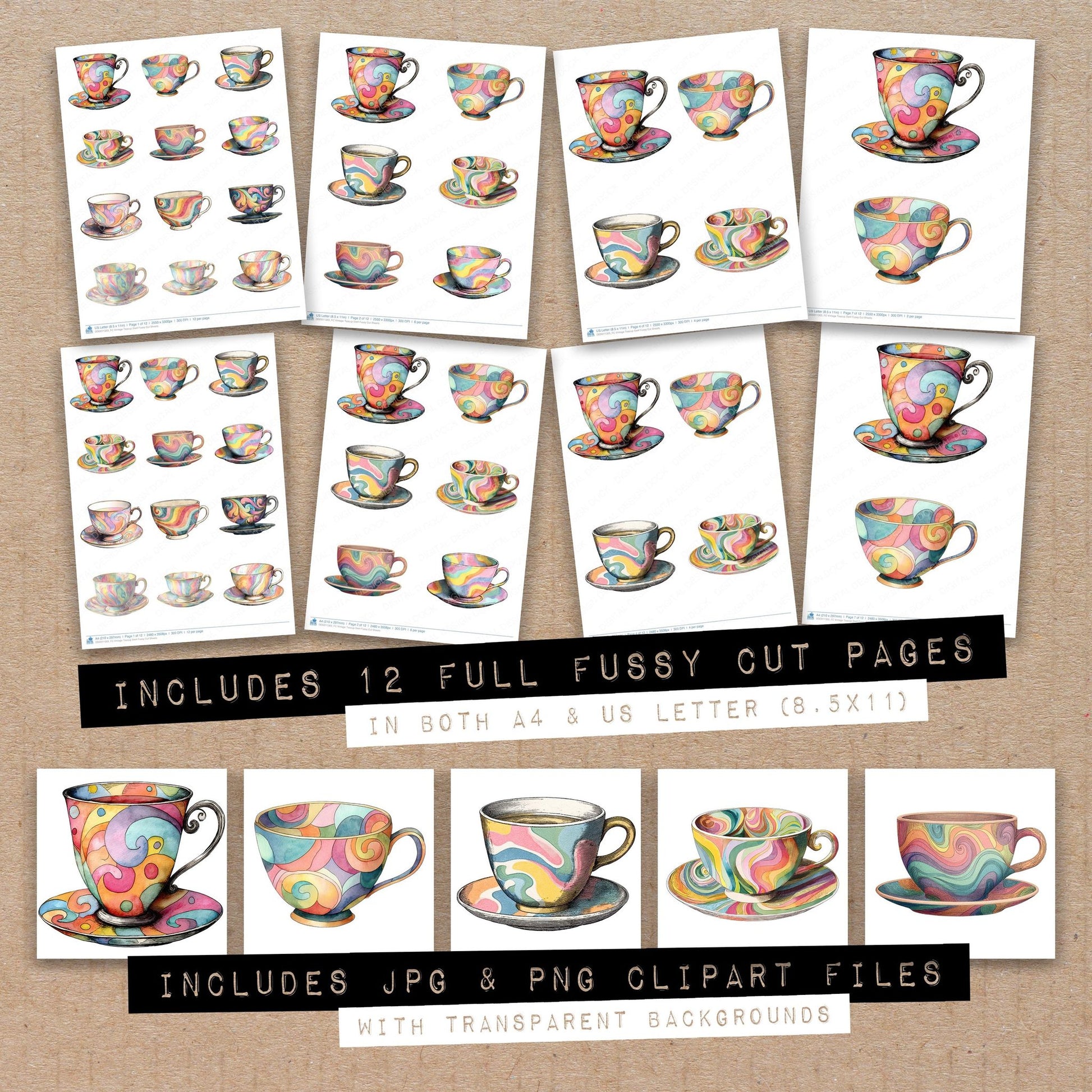 Full collection view of Vintage Teacup Swirl fussy cut sheets with bonus clipart JPG and PNG files