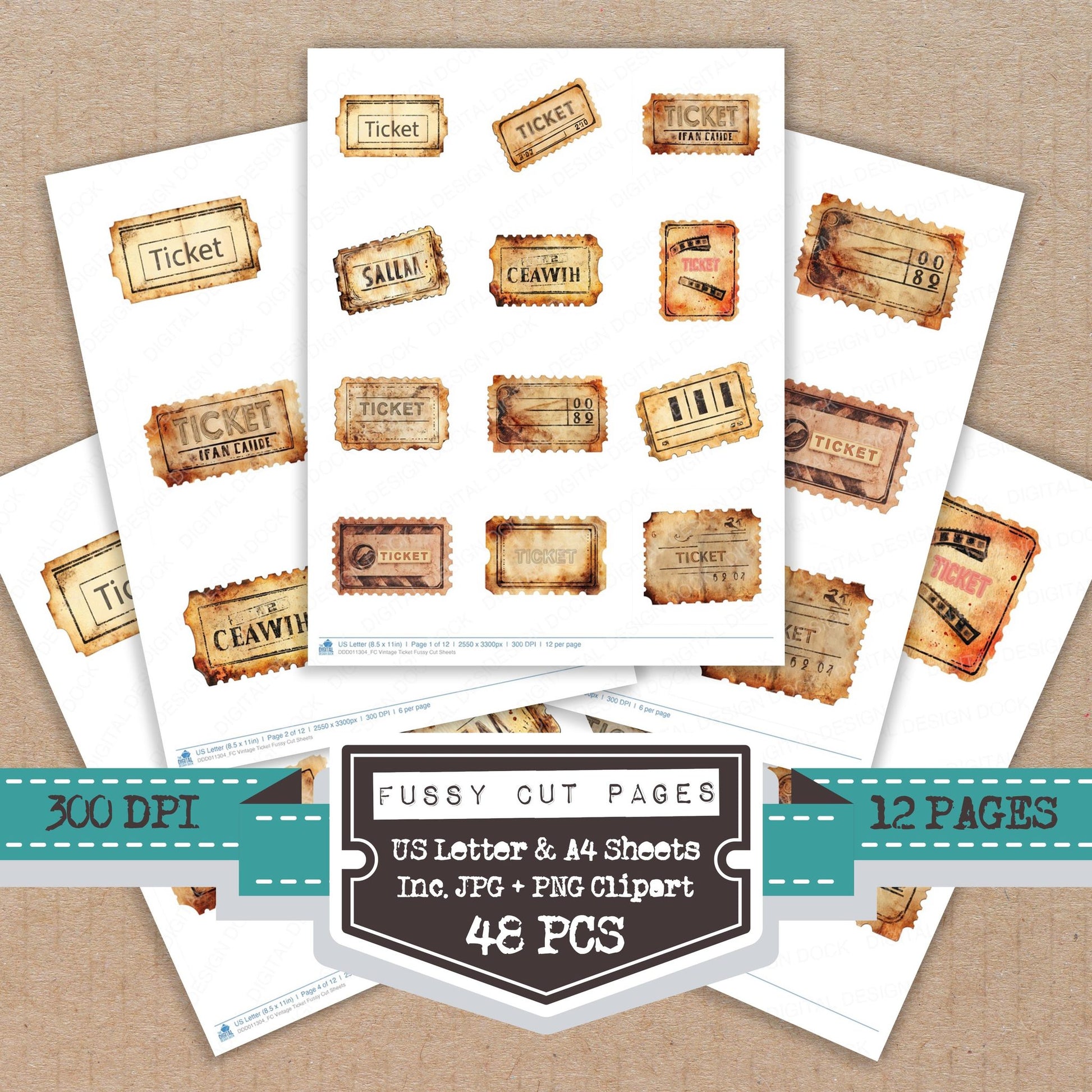 Vintage Ticket fussy cut printable sheets for junk journaling, scrapbooking, and paper craft projects
