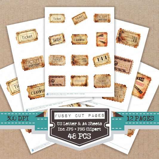 Vintage Ticket fussy cut printable sheets for junk journaling, scrapbooking, and paper craft projects