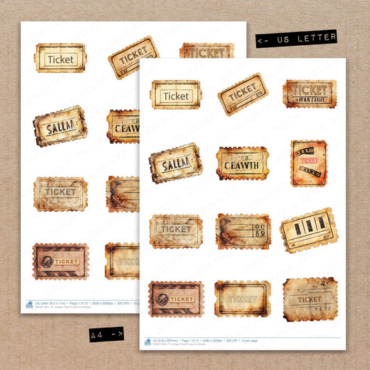 A4 and US Letter format comparison showing Vintage Ticket fussy cut pages for print and cut crafting