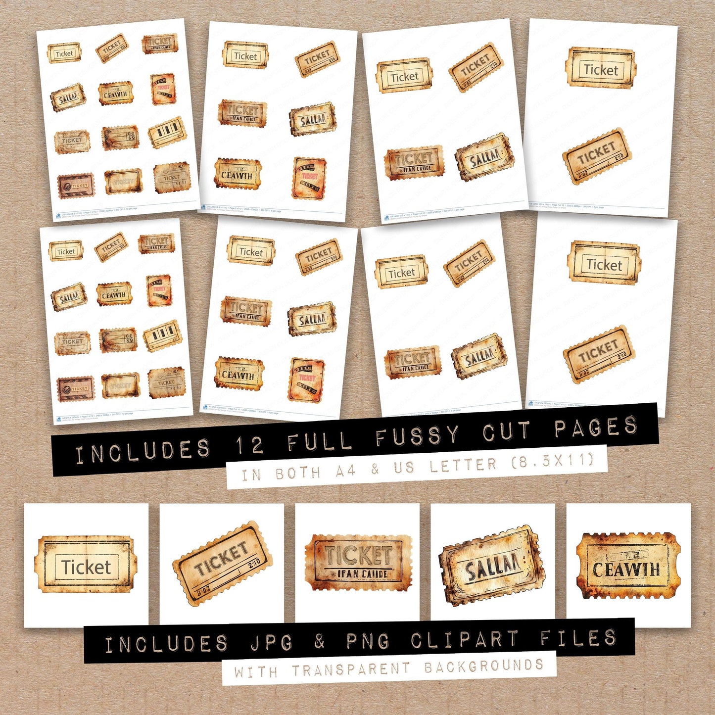 Full collection view of Vintage Ticket fussy cut sheets with bonus clipart JPG and PNG files