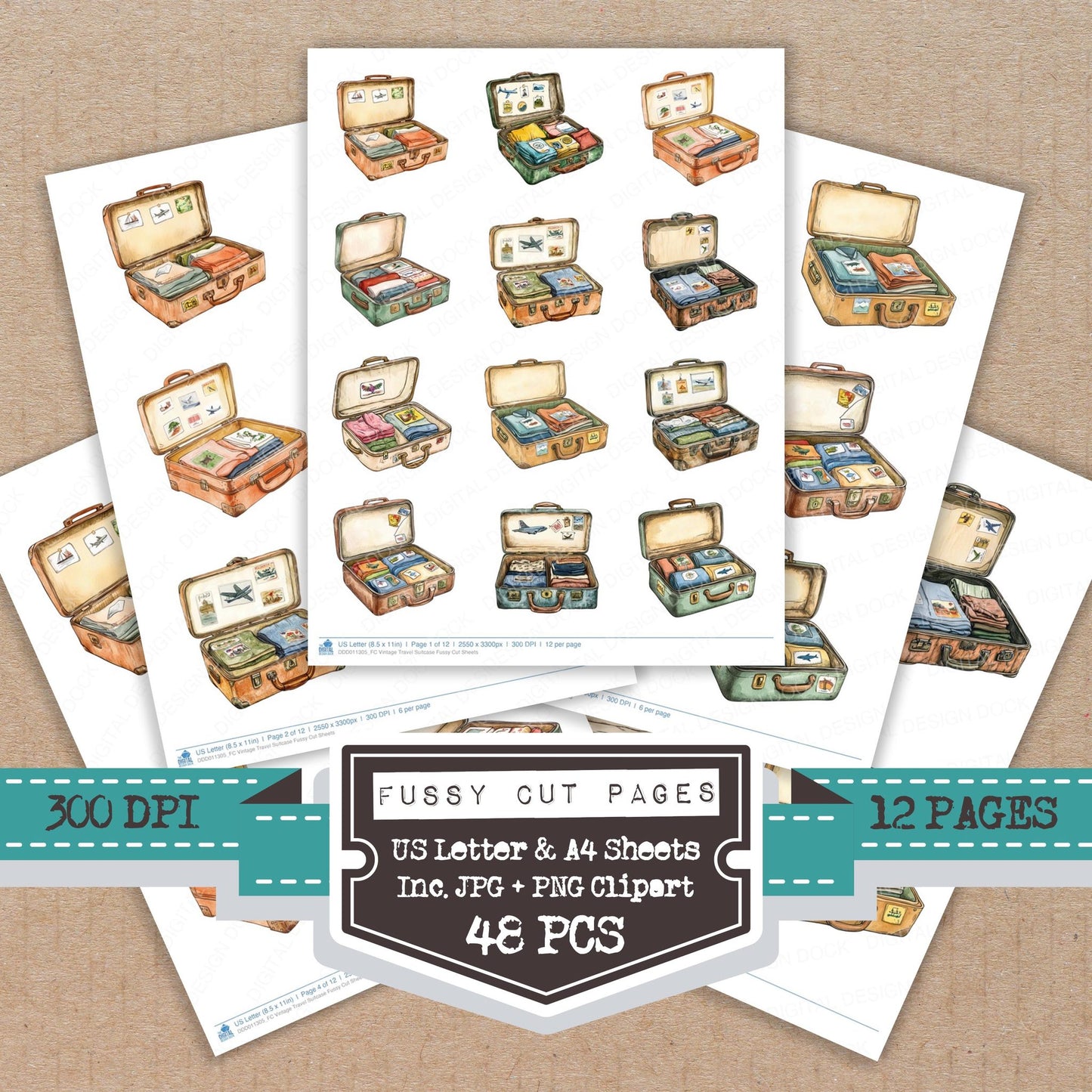 Vintage Travel Suitcase fussy cut printable sheets for junk journaling, scrapbooking, and paper craft projects