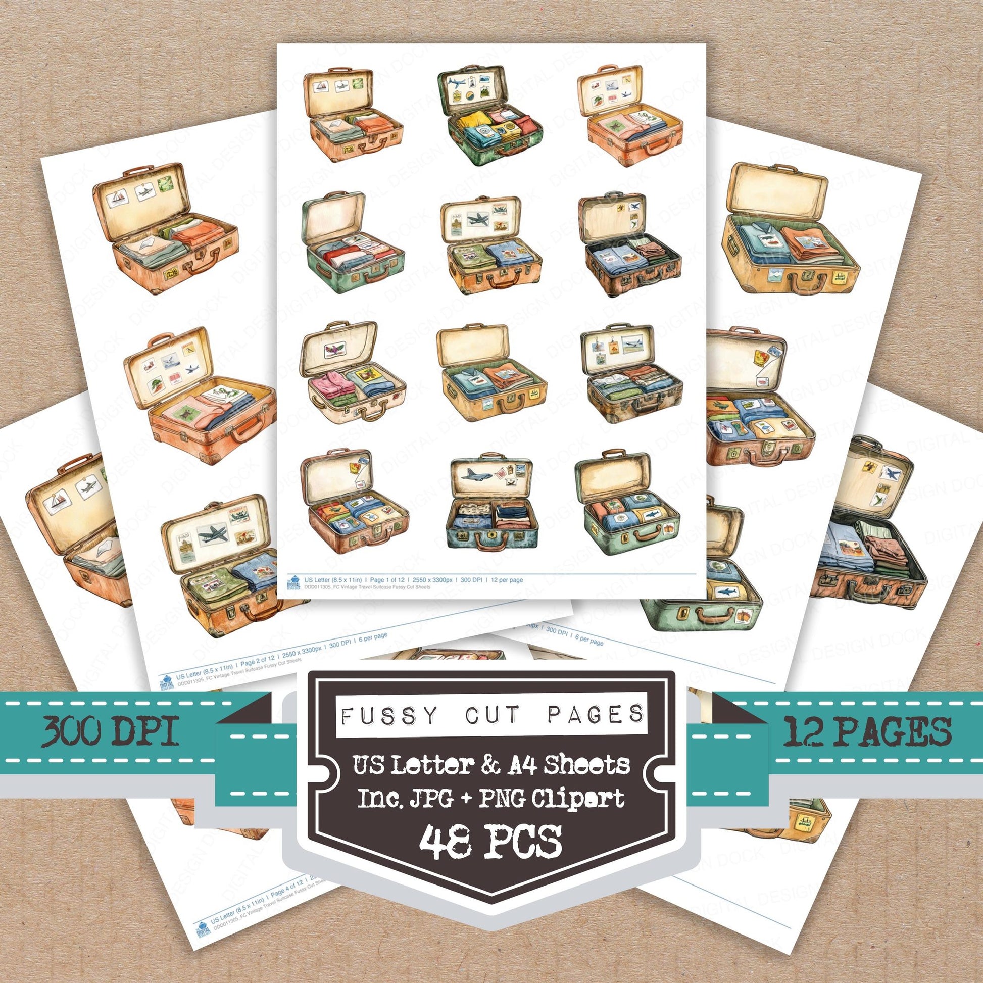 Vintage Travel Suitcase fussy cut printable sheets for junk journaling, scrapbooking, and paper craft projects