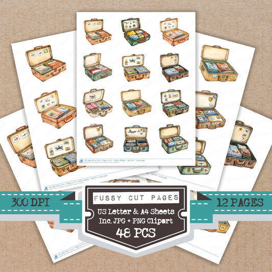 Vintage Travel Suitcase fussy cut printable sheets for junk journaling, scrapbooking, and paper craft projects