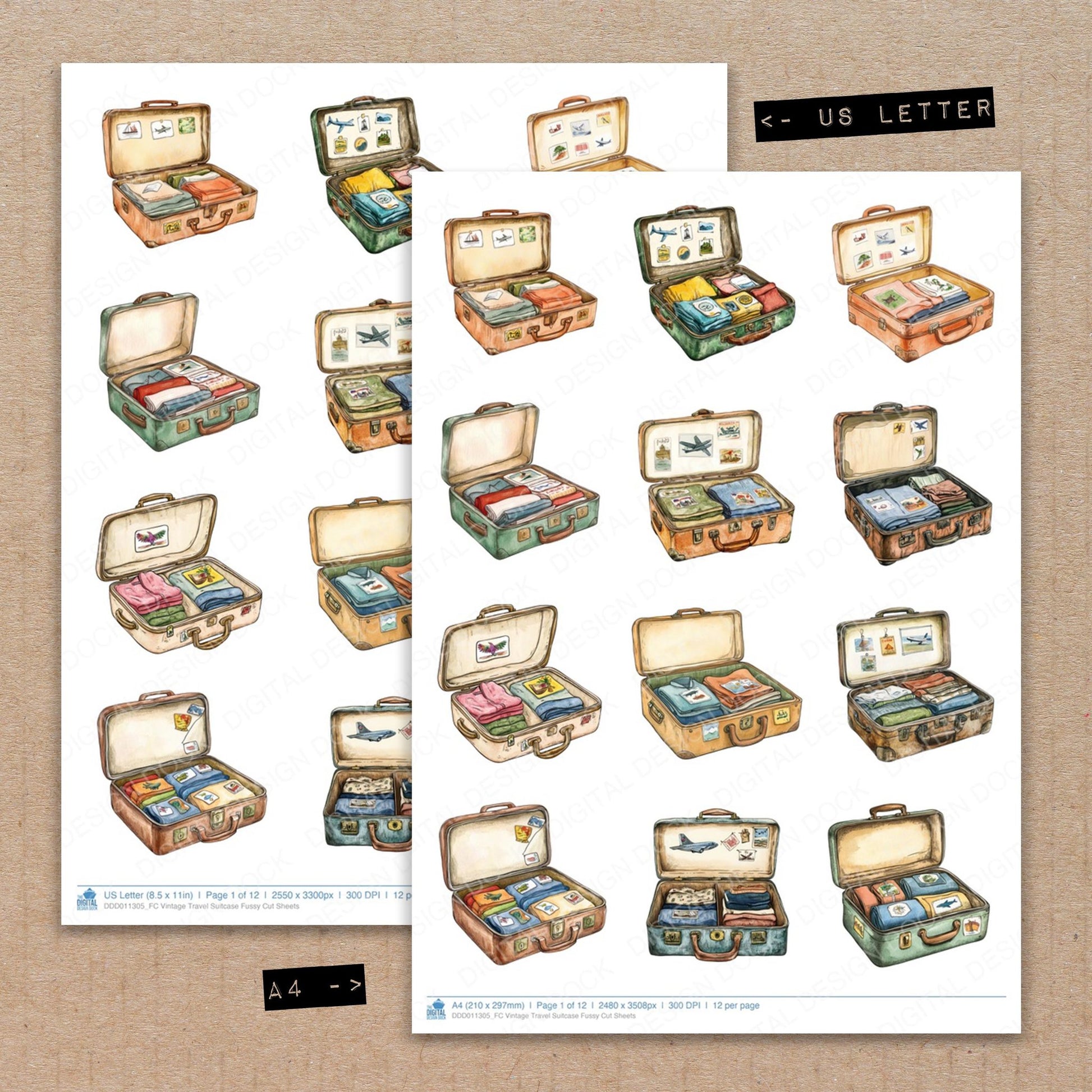 A4 and US Letter format comparison showing Vintage Travel Suitcase fussy cut pages for print and cut crafting