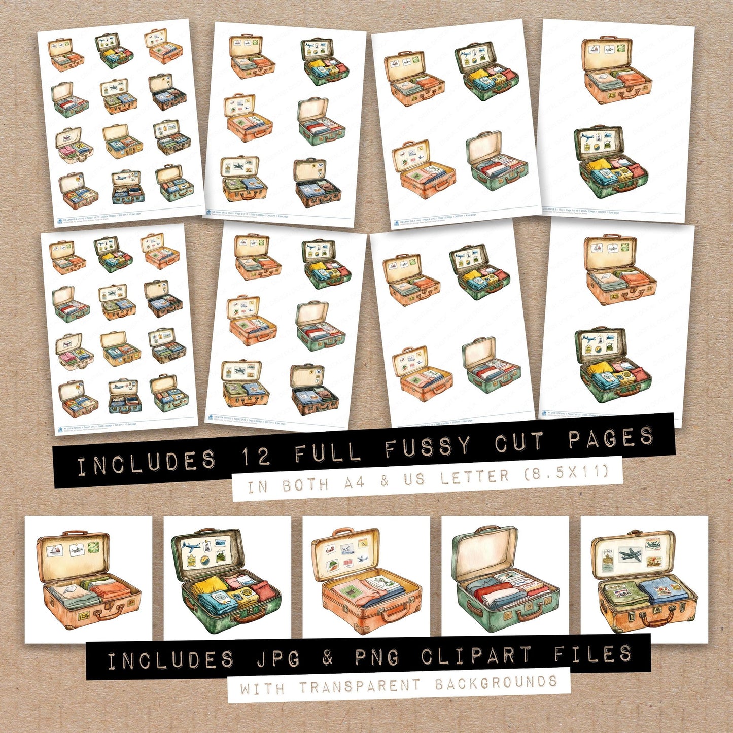 Full collection view of Vintage Travel Suitcase fussy cut sheets with bonus clipart JPG and PNG files