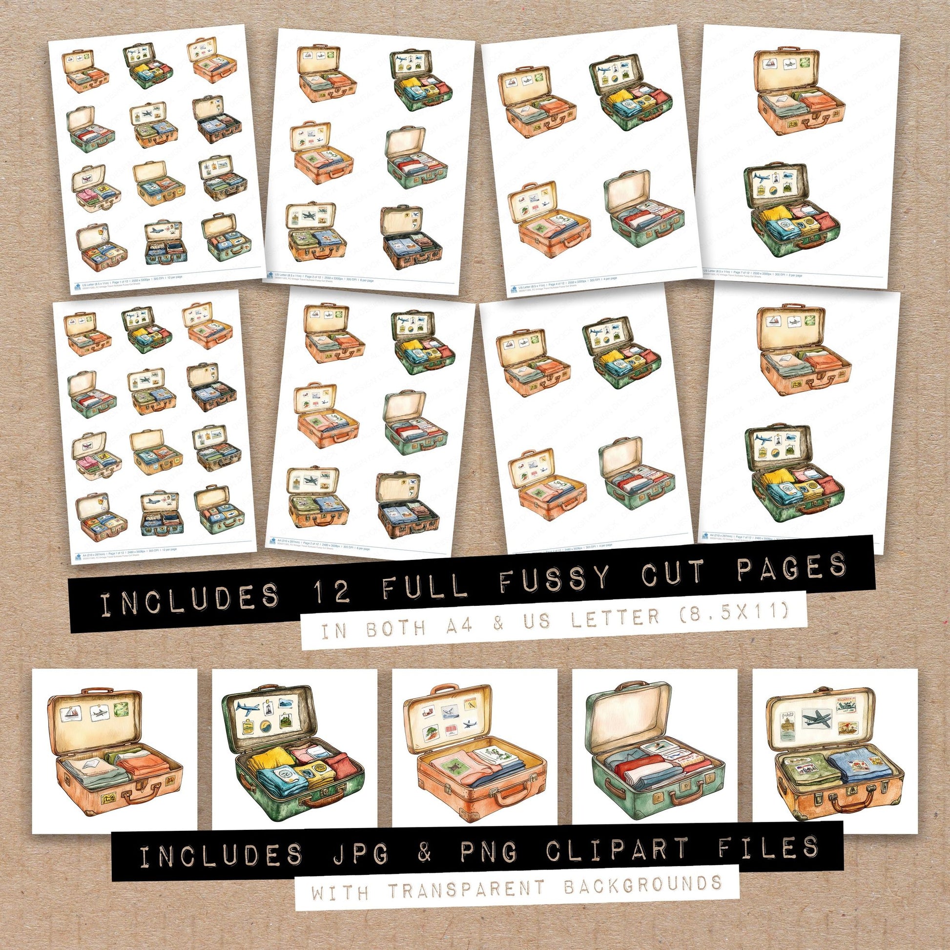 Full collection view of Vintage Travel Suitcase fussy cut sheets with bonus clipart JPG and PNG files