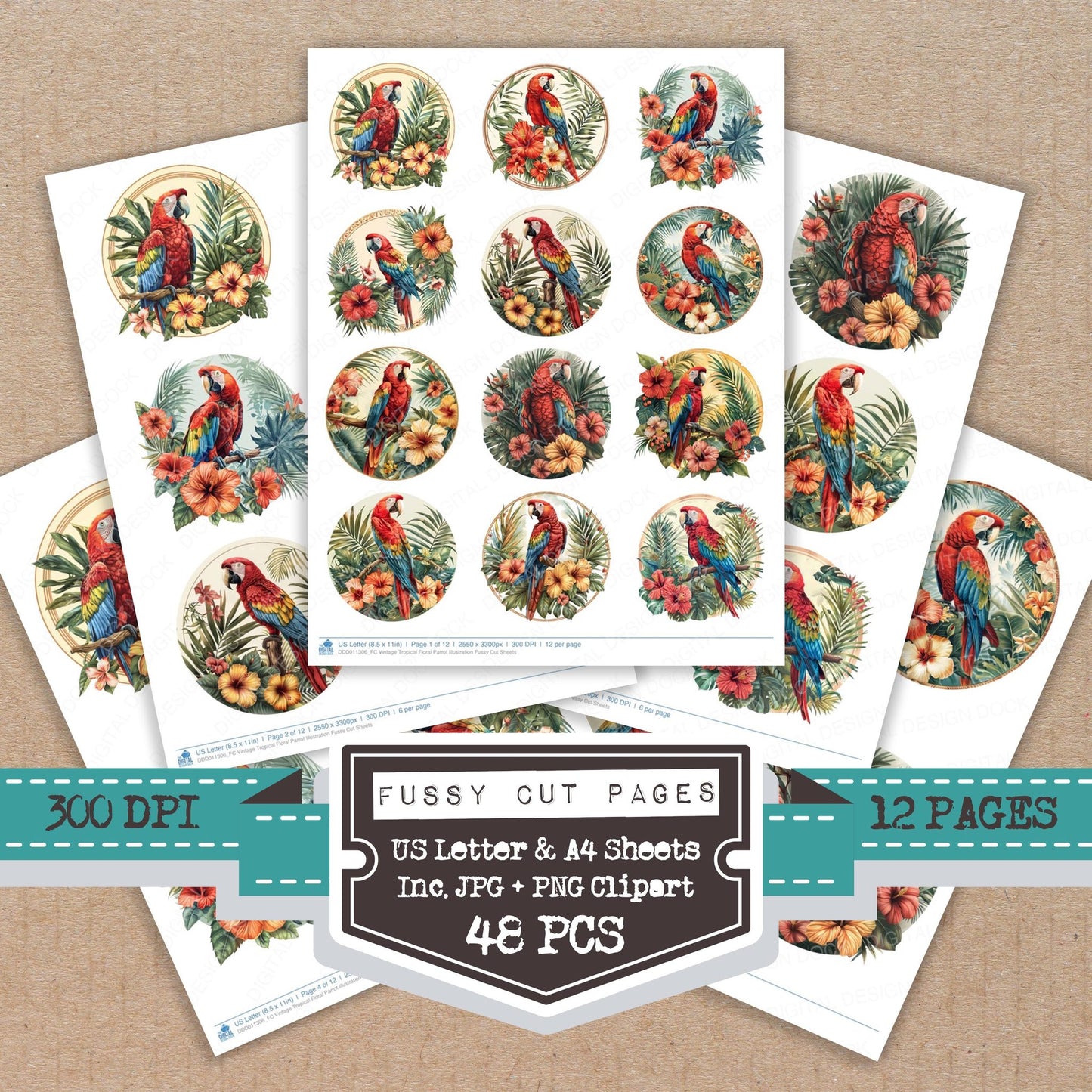 Vintage Tropical Floral Parrot Illustration fussy cut printable sheets for junk journaling, scrapbooking, and paper craft projects