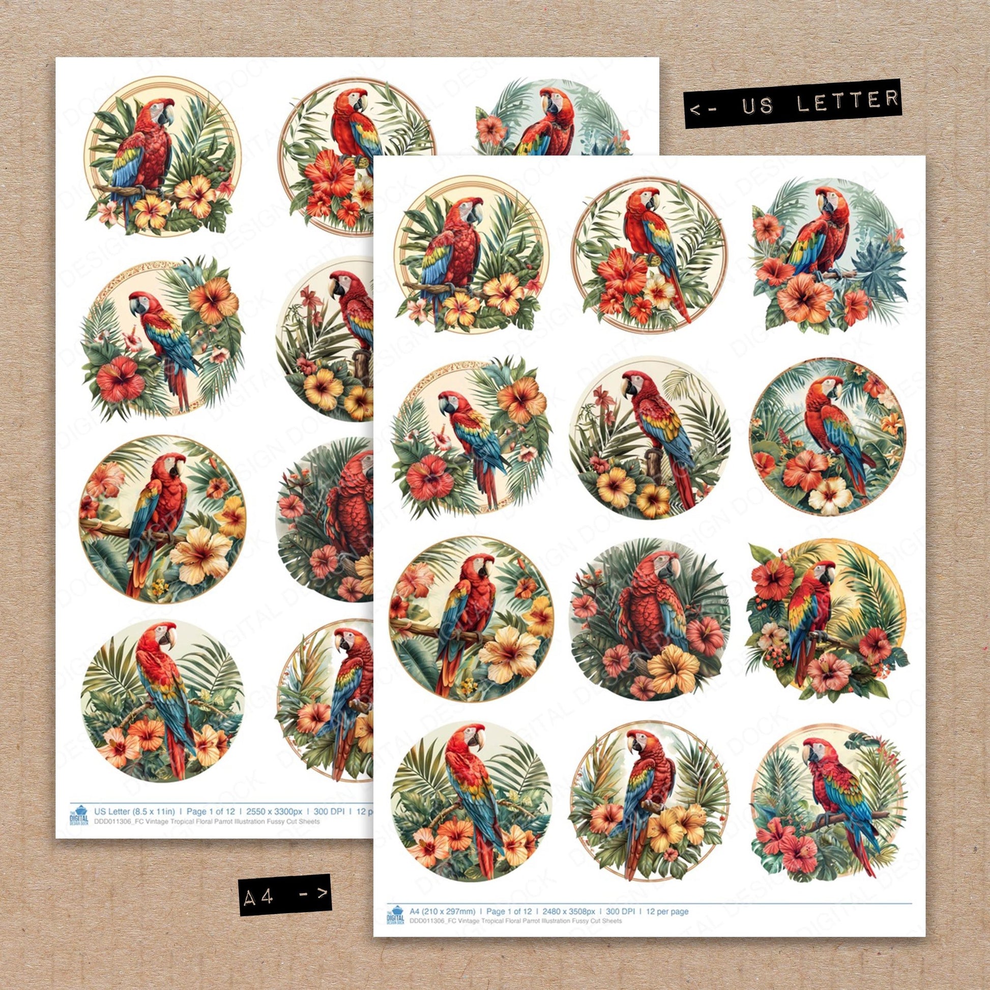 A4 and US Letter format comparison showing Vintage Tropical Floral Parrot Illustration fussy cut pages for print and cut crafting