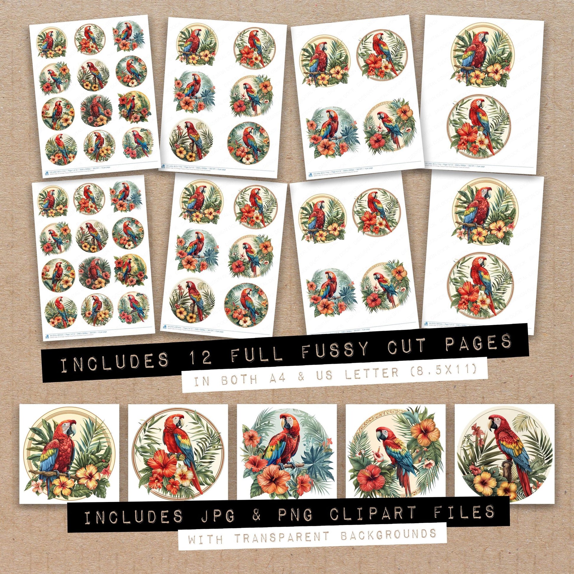 Full collection view of Vintage Tropical Floral Parrot Illustration fussy cut sheets with bonus clipart JPG and PNG files