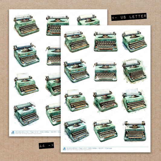 A4 and US Letter format comparison showing Vintage Typewriter fussy cut pages for print and cut crafting