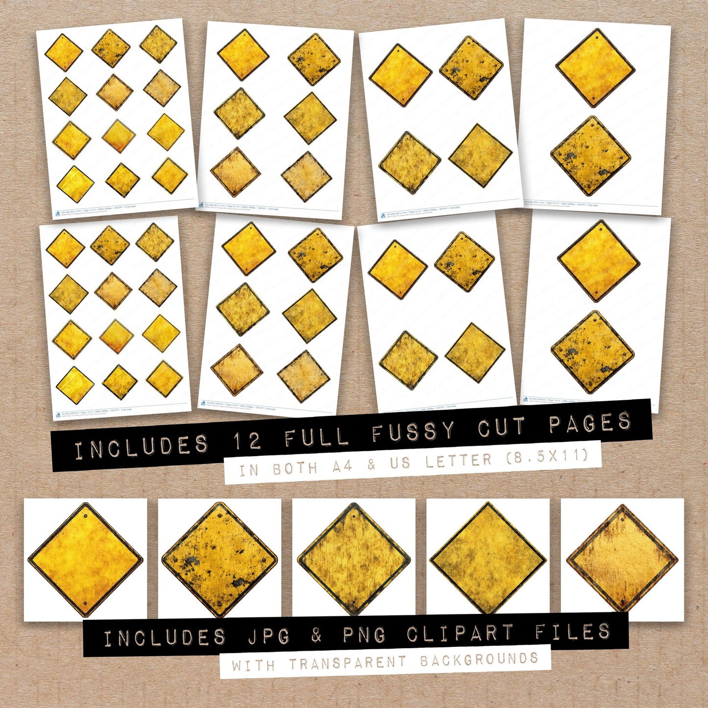 Full collection view of Vintage USA Diamond Sign fussy cut sheets with bonus clipart JPG and PNG files