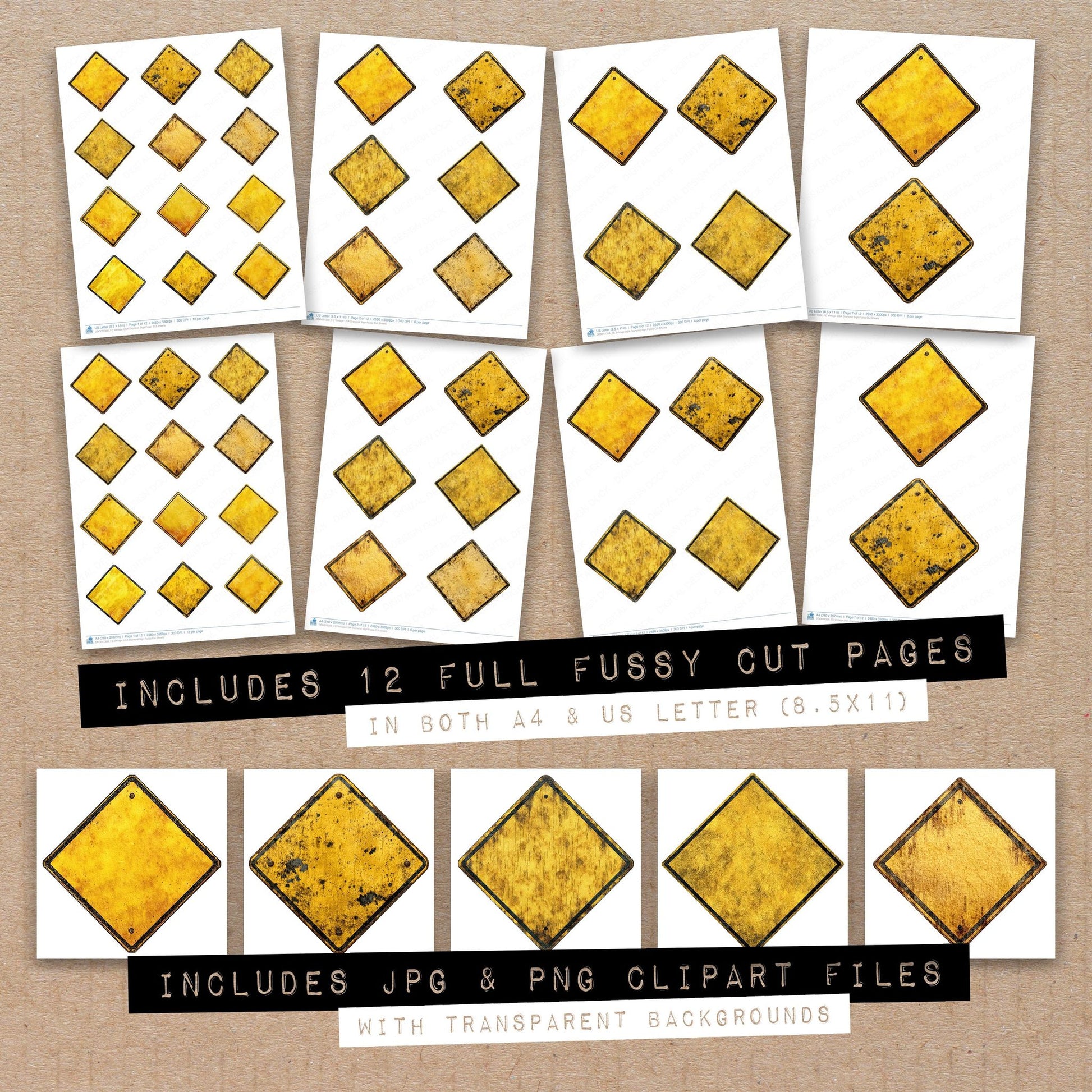Full collection view of Vintage USA Diamond Sign fussy cut sheets with bonus clipart JPG and PNG files