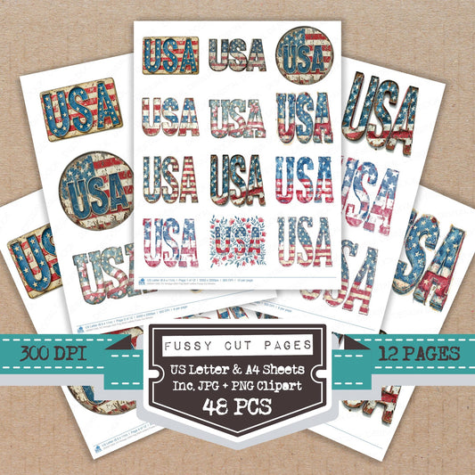 Vintage USA Flag Motif Letters fussy cut printable sheets for junk journaling, scrapbooking, and paper craft projects