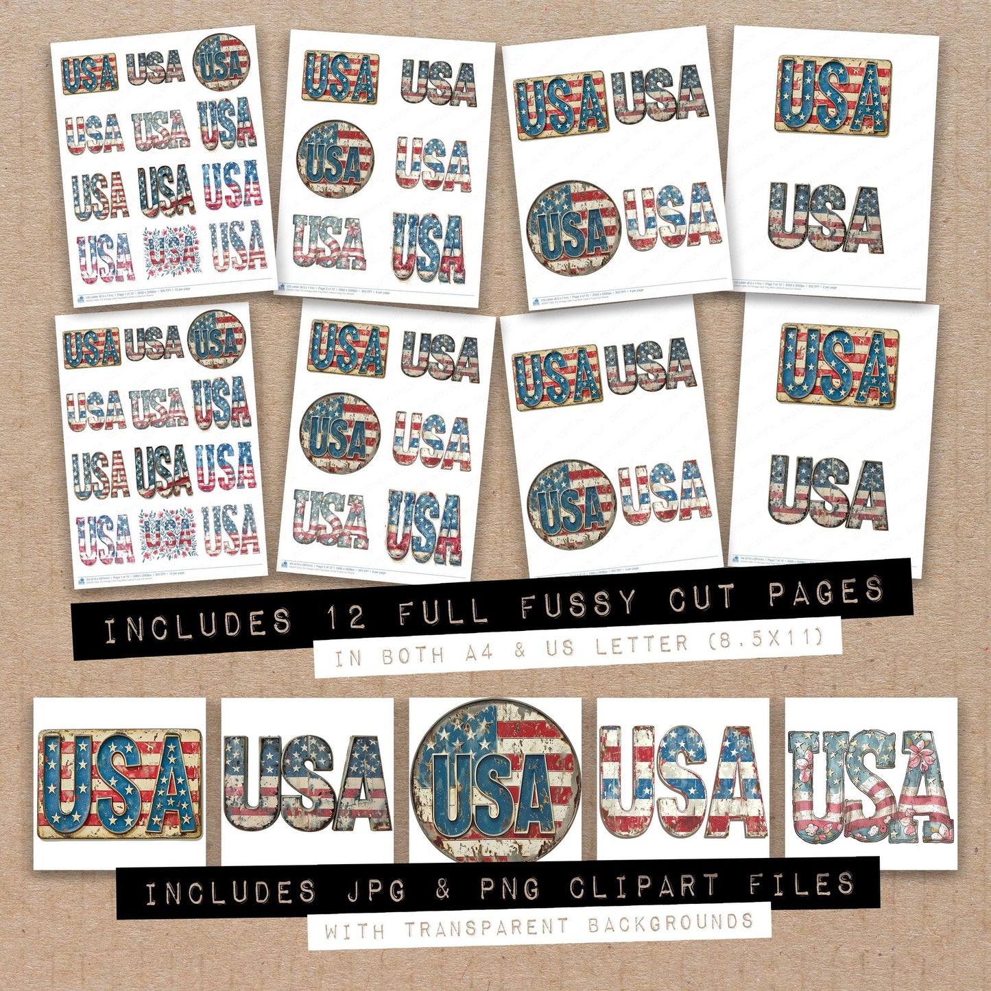 Full collection view of Vintage USA Flag Motif Letters fussy cut sheets with bonus clipart JPG and PNG files