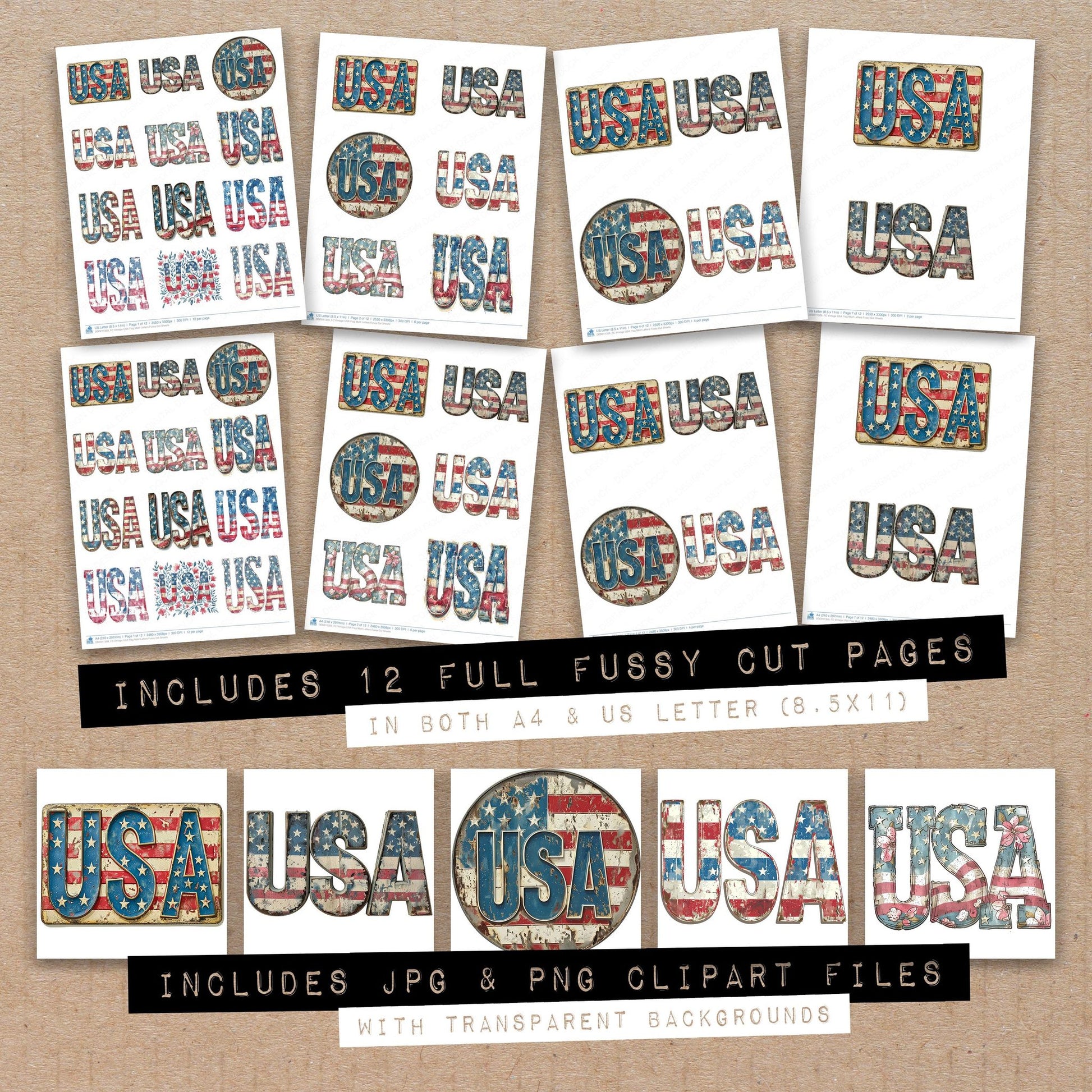 Full collection view of Vintage USA Flag Motif Letters fussy cut sheets with bonus clipart JPG and PNG files