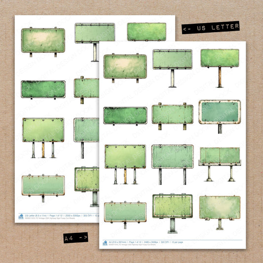 A4 and US Letter format comparison showing Vintage USA Highway Sign fussy cut pages for print and cut crafting