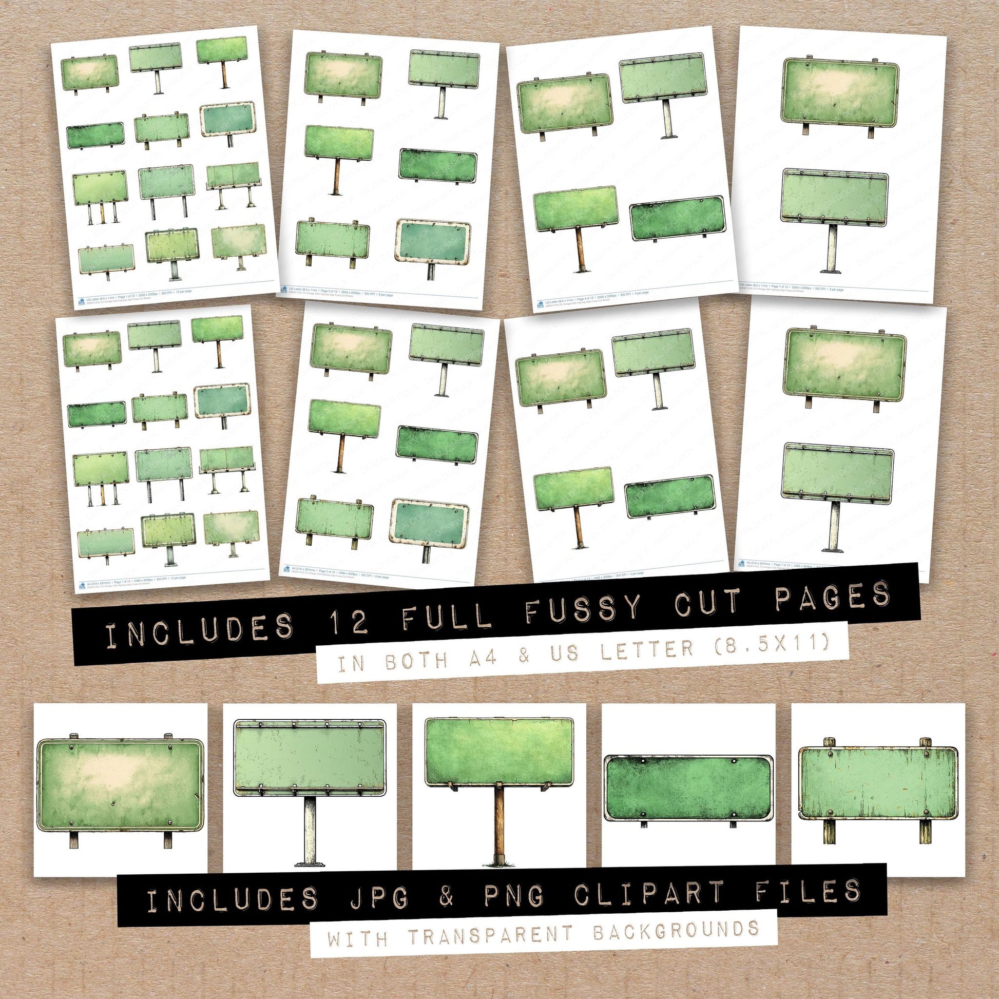 Full collection view of Vintage USA Highway Sign fussy cut sheets with bonus clipart JPG and PNG files