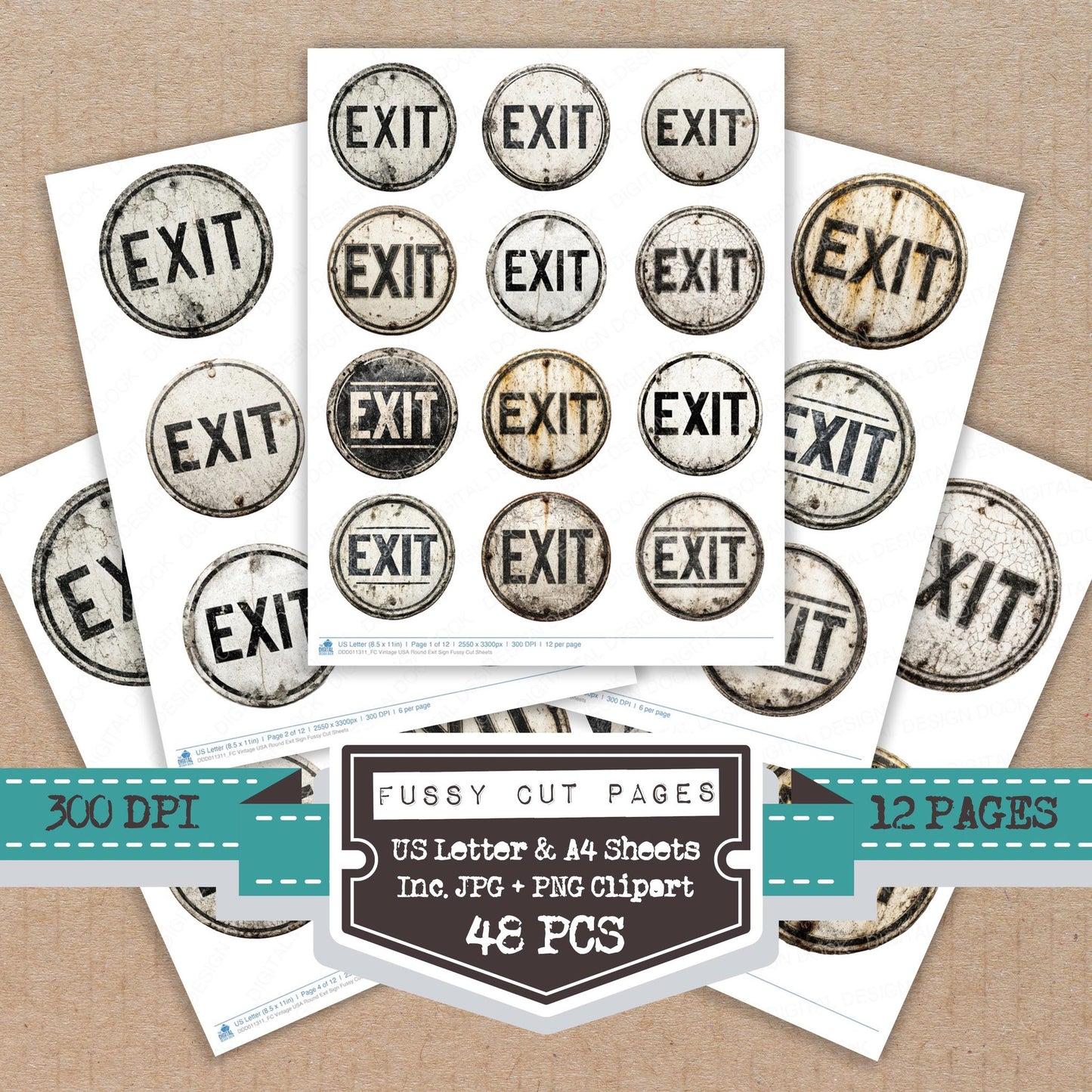 Vintage USA Round Exit Sign fussy cut printable sheets for junk journaling, scrapbooking, and paper craft projects