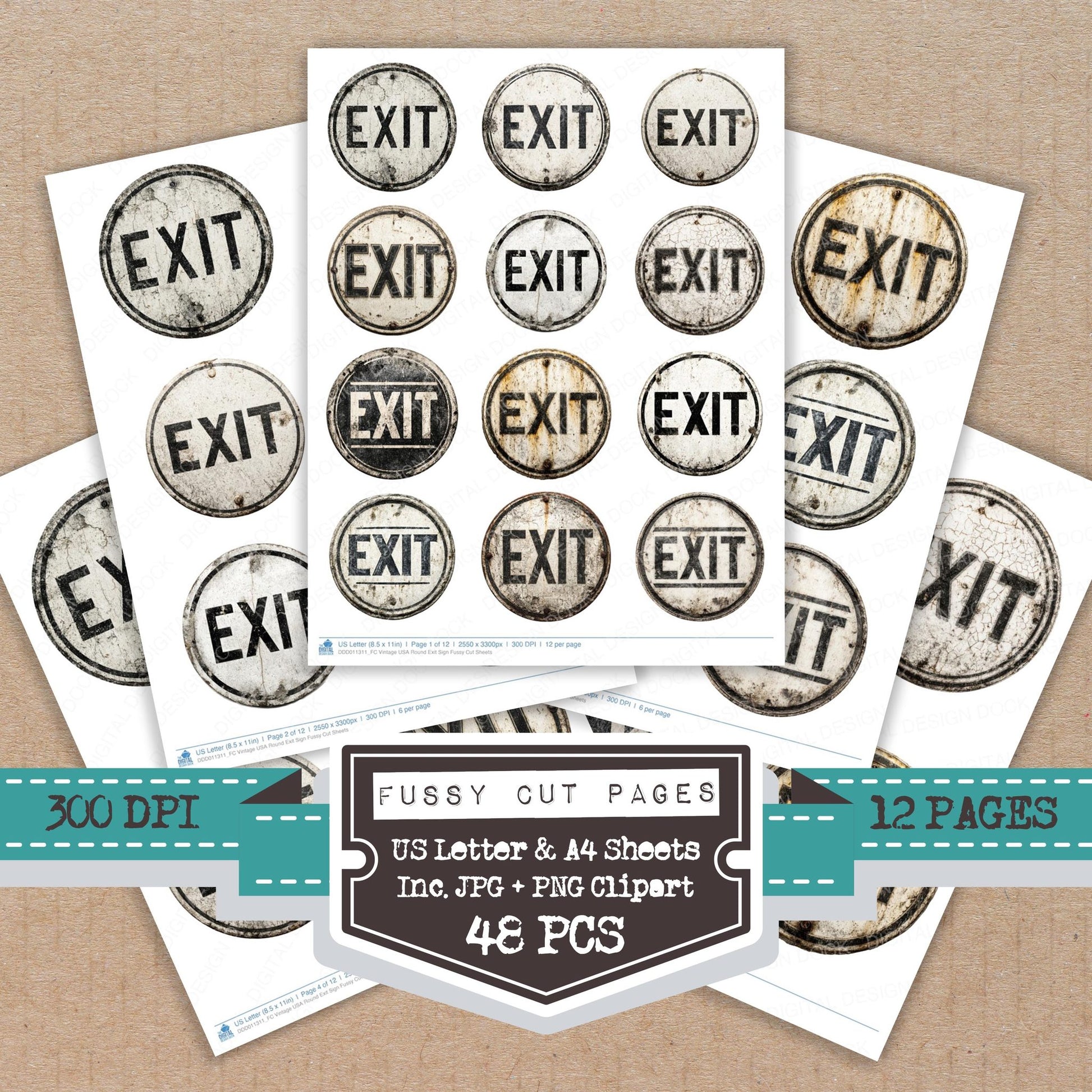 Vintage USA Round Exit Sign fussy cut printable sheets for junk journaling, scrapbooking, and paper craft projects