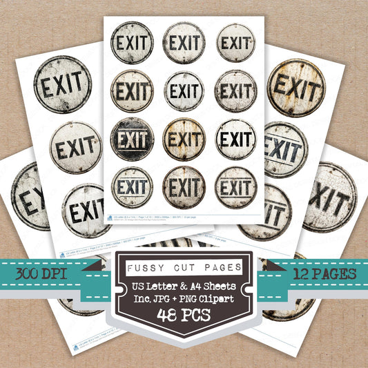 Vintage USA Round Exit Sign fussy cut printable sheets for junk journaling, scrapbooking, and paper craft projects