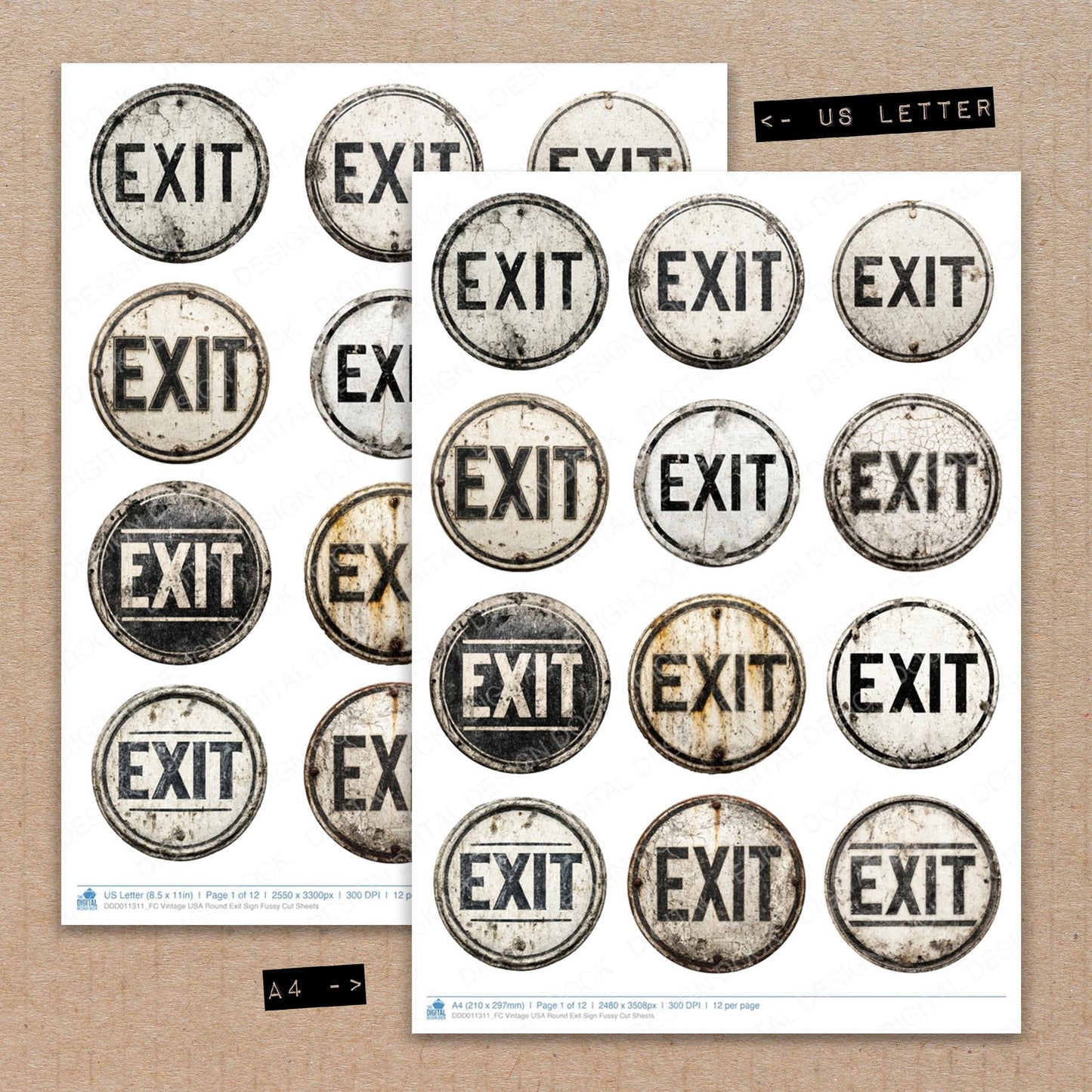 A4 and US Letter format comparison showing Vintage USA Round Exit Sign fussy cut pages for print and cut crafting