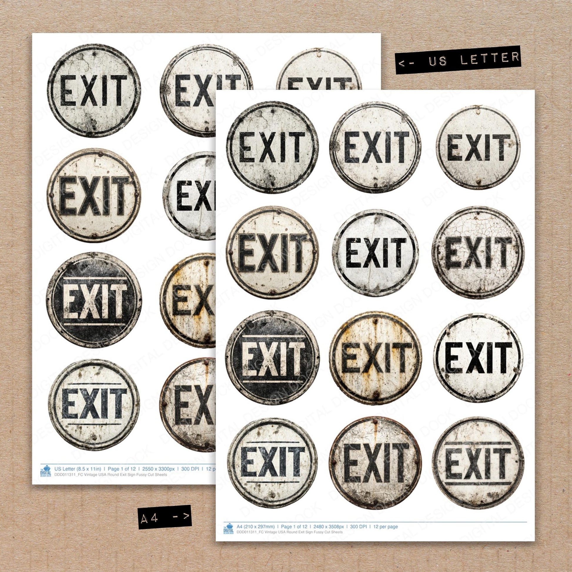 A4 and US Letter format comparison showing Vintage USA Round Exit Sign fussy cut pages for print and cut crafting