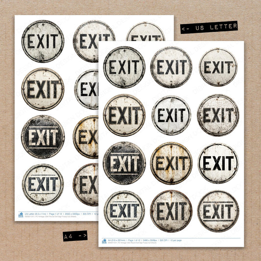 A4 and US Letter format comparison showing Vintage USA Round Exit Sign fussy cut pages for print and cut crafting