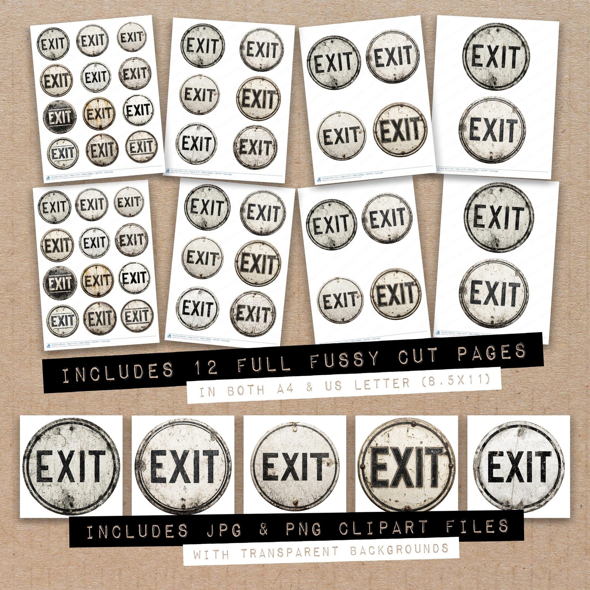 Full collection view of Vintage USA Round Exit Sign fussy cut sheets with bonus clipart JPG and PNG files
